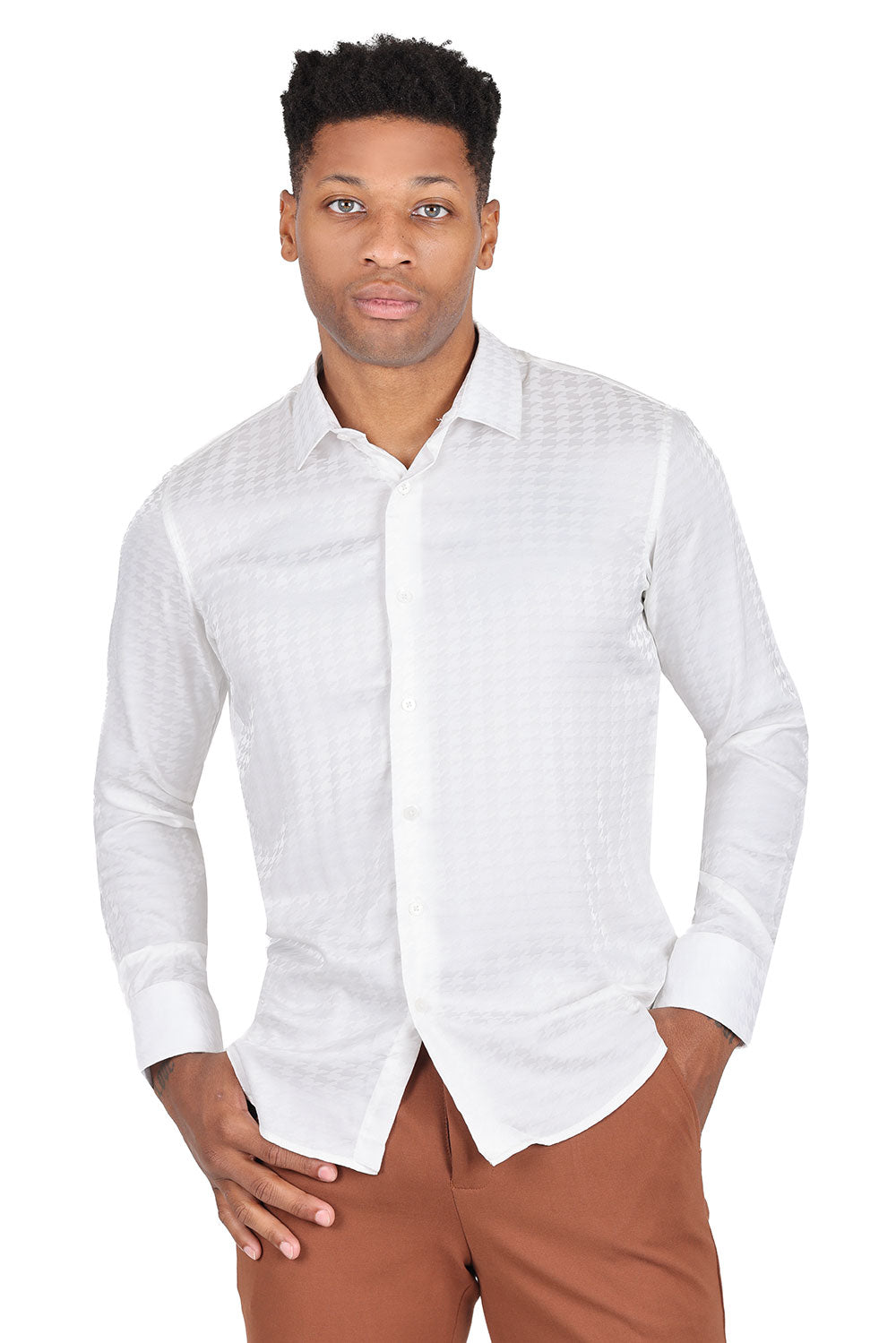 BARABAS Men's Wood Art Long Sleeve Button Down Shirt 2B321 White