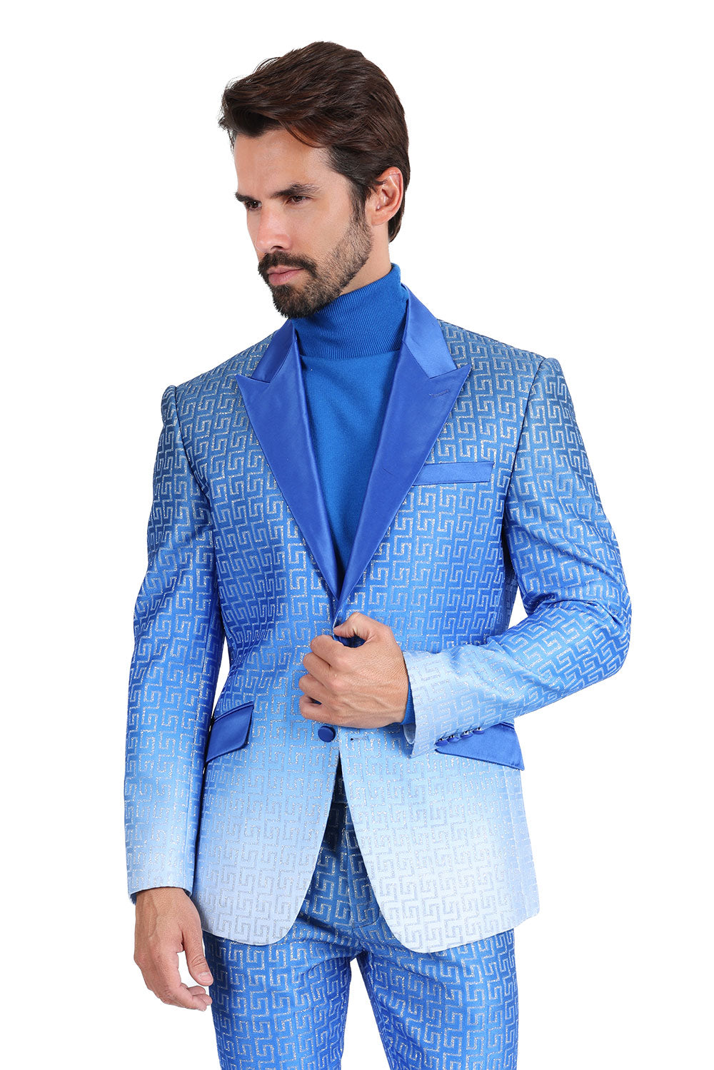 BARABAS Men Rhinestone Greek key Pattern Baroque Luxury Blazer 2BL3098 Blue Silver