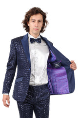 BARABAS Men's Diamond Sequin Design Notched black Blazer 2BL3099 Navy