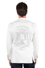 Barabas Men's Rhinestone Medusa Print Design Blazer 2BLR12 White Silver