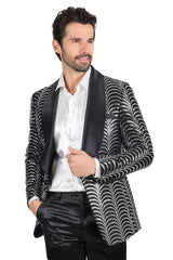 BARABAS Men's High Fashion Sequin Shawl Satin Lapel Blazer 2BLR8 Black Sliver