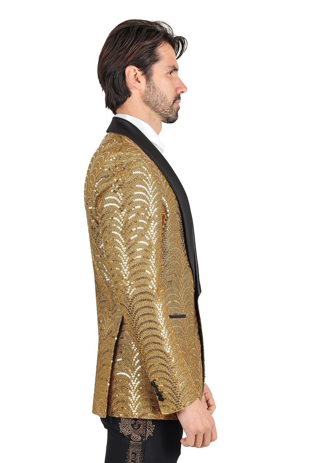 BARABAS Men's High Fashion Sequin Shawl Satin Lapel Blazer 2BLR8 Black Gold