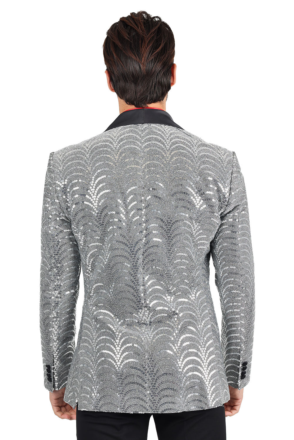BARABAS Men's High Fashion Sequin Shawl Satin Lapel Blazer 2BLR8 Grey Silver