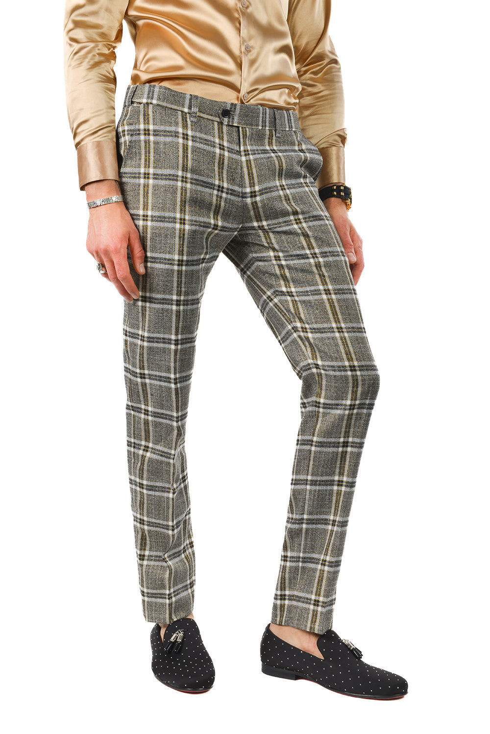 Barabas Men's Printed Checkered  Plaid Design Chino Pants  2CP187 Grey Gold