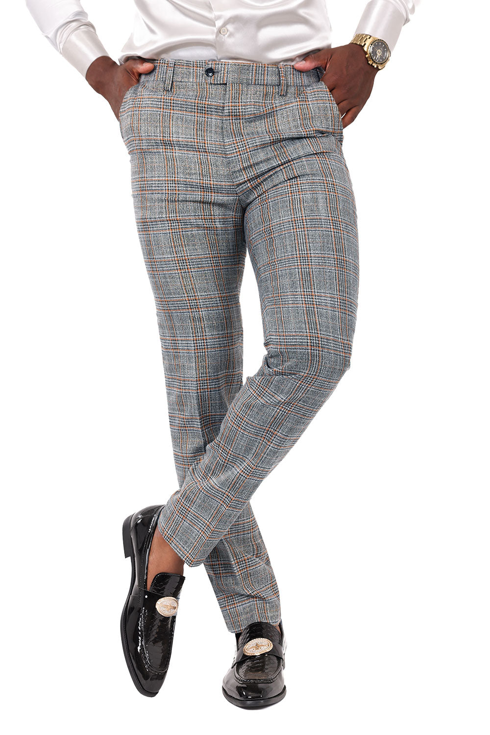 Barabas Men's Printed Checkered Plaid Design Chino Pants 2CP188 Mocha Silver