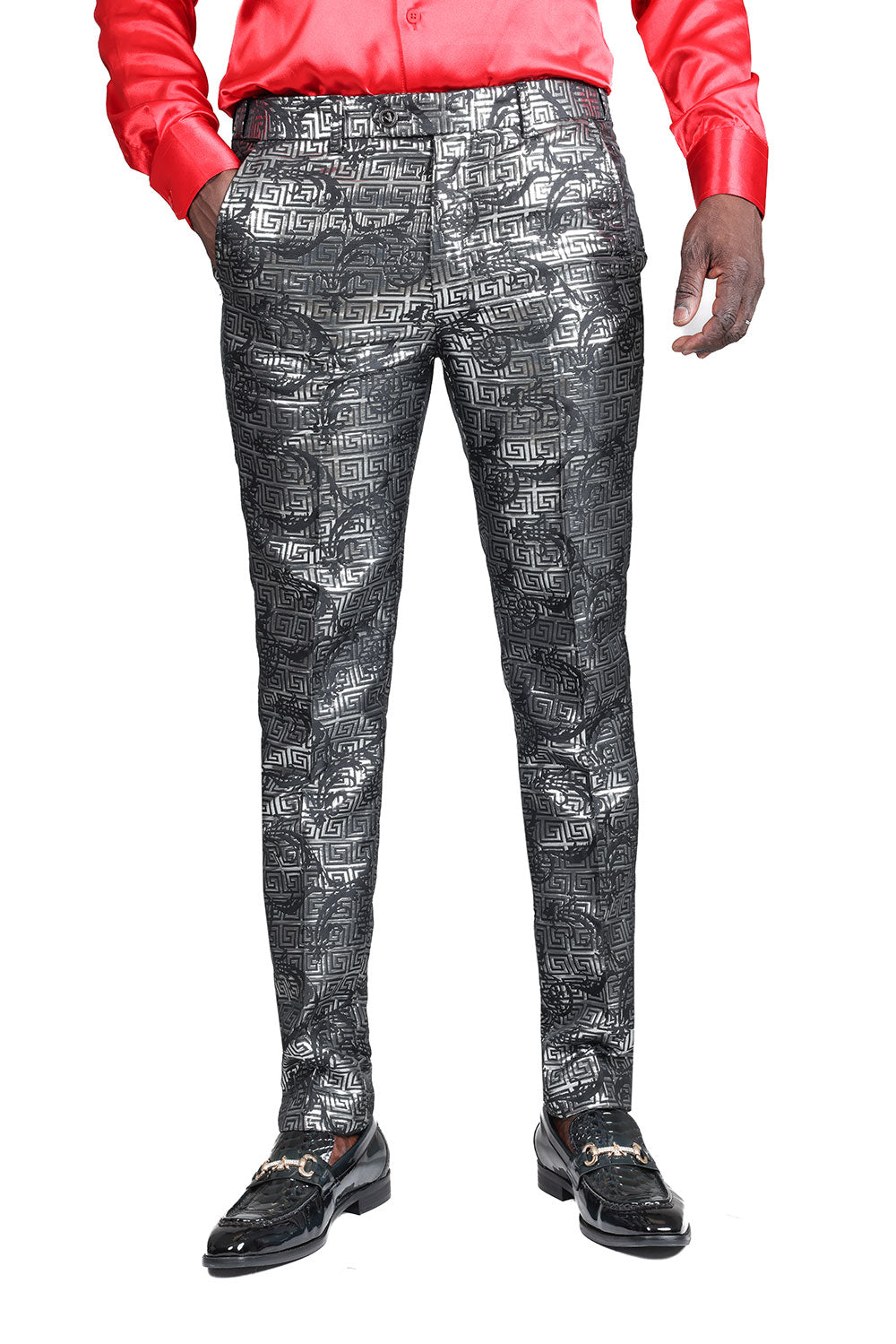 Barabas Men's Shiny Greek Fret Prints Design Chino Pants 2CP3102 Black Silver