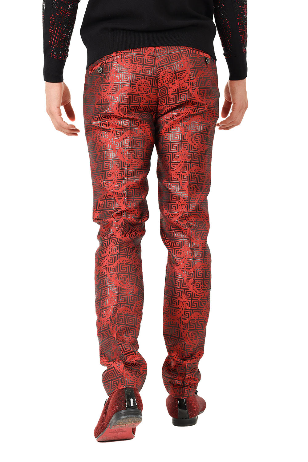 Barabas Men's Shiny Greek Fret Prints Design Chino Pants 2CP3102 Red Black