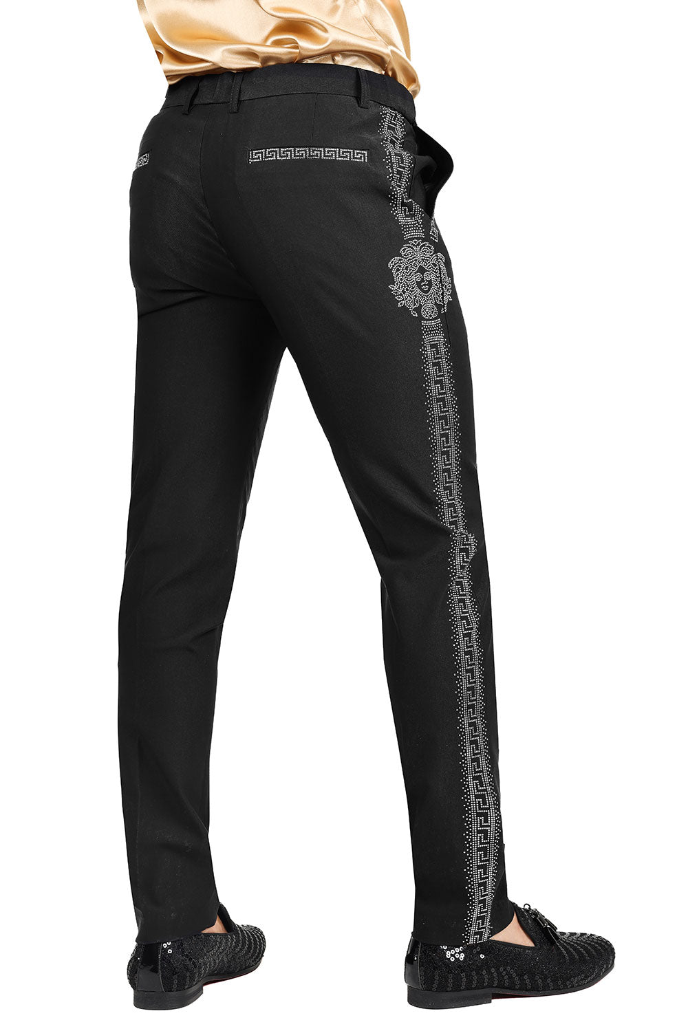 Barabas Men's Medusa Greek Key Pattern Rhinestone Dress Pants 2CPR12 Black and Silver