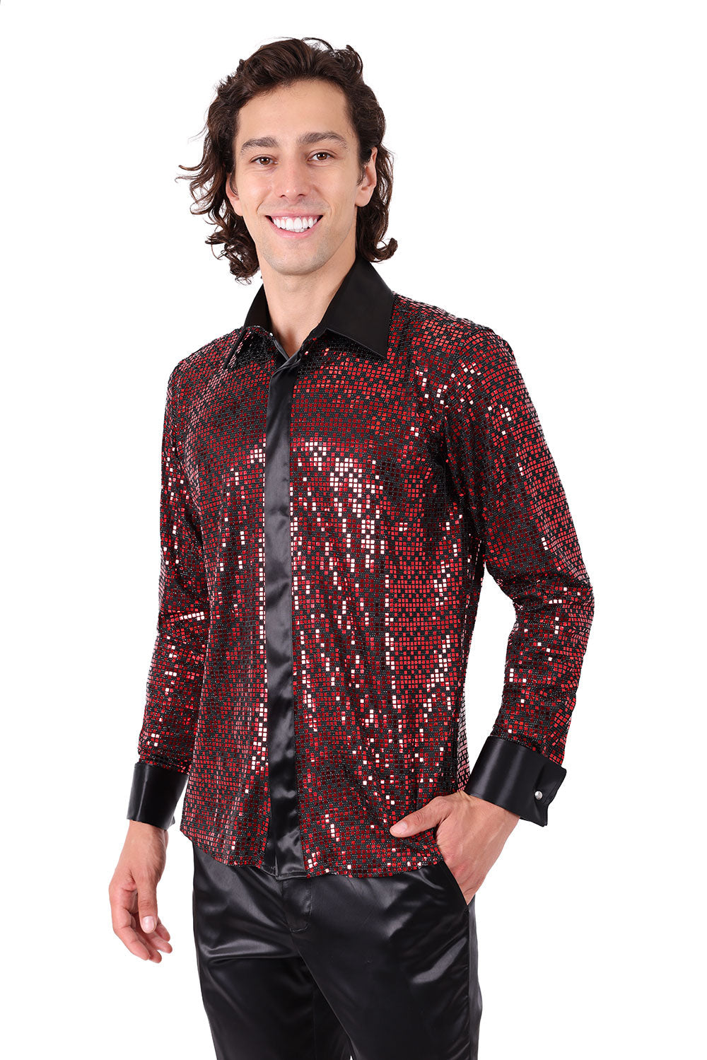 Barabas Men's French Cuff Glittery Sparkly Striped Shirt 2FCS1006  Red