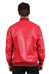 Barabas Men's Greek Key Zipper Stand Collar Leather Faux Jacket 2JBPU1 Red and Black