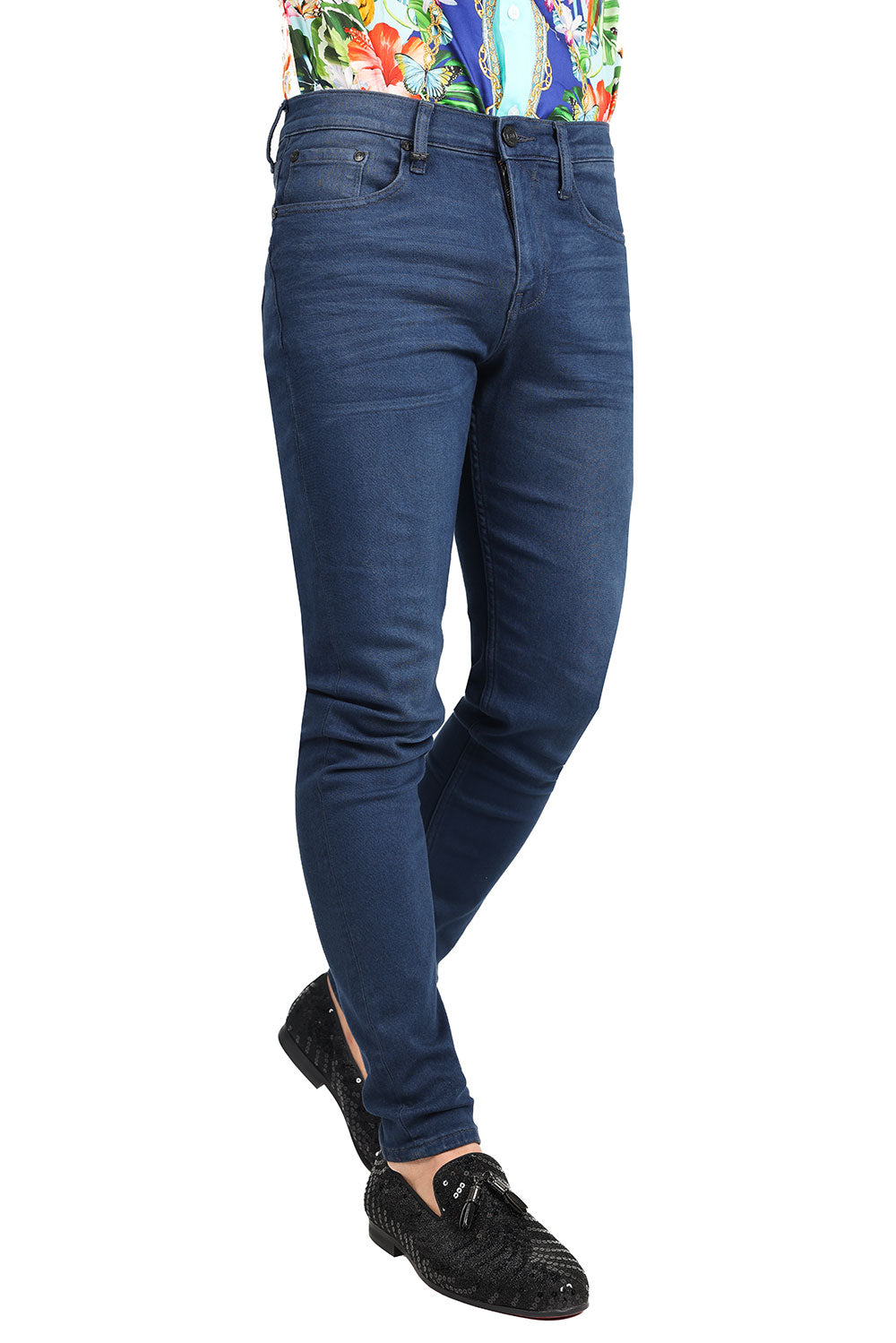 Barabas Men's Solid Color Slim Fit Stretch Washed Jeans 2JE11SL Medium Blue