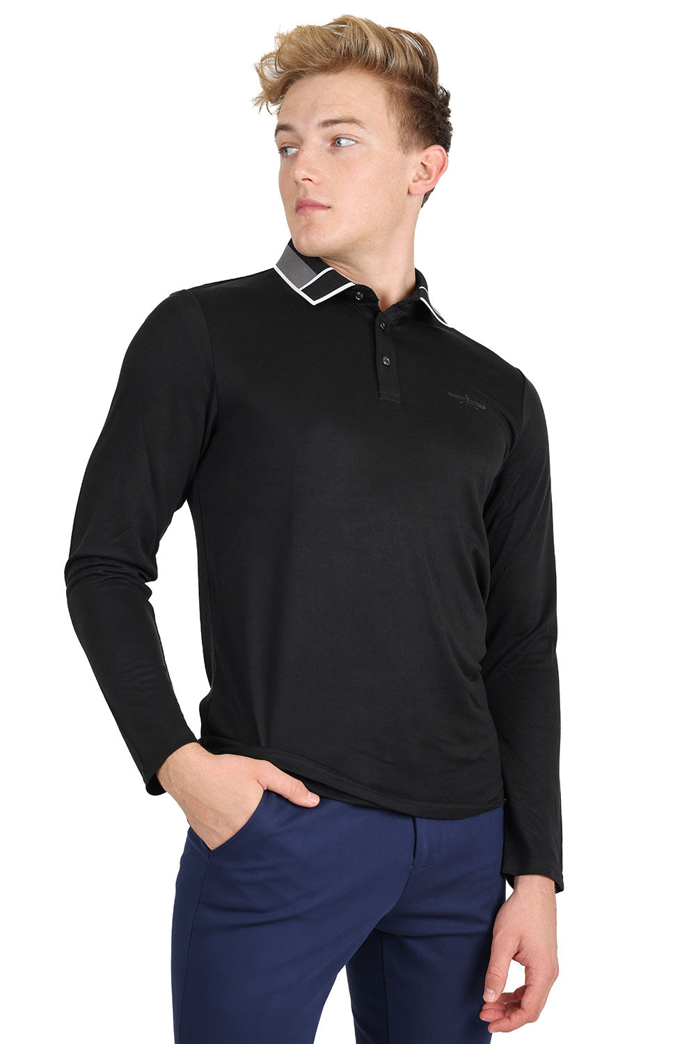 Barabas Men's Solid Color Luxury Long Sleeves Polo Shirts 2LPL2000 Black