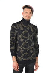 Barabas Men's Floral Design Long Sleeve Turtleneck Sweater 2LS2102 Black Gold