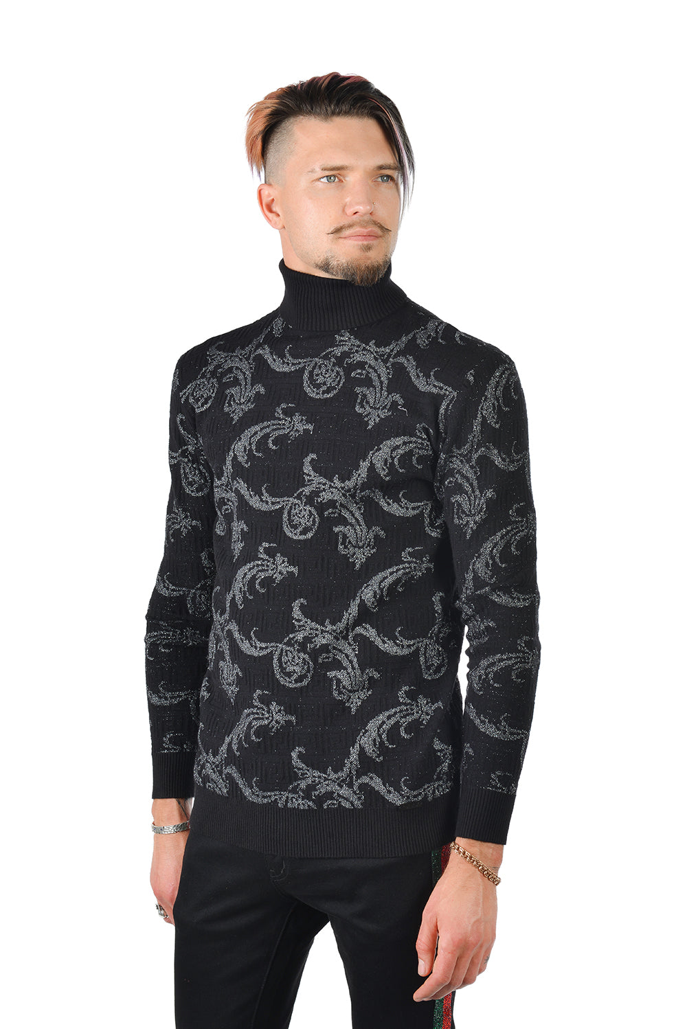 Barabas Men's Floral Design Long Sleeve Turtleneck Sweater 2LS2102 Black Silver