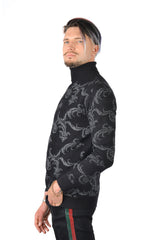 Barabas Men's Floral Design Long Sleeve Turtleneck Sweater 2LS2102 Black Silver