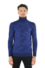 Barabas Men's Floral Design Long Sleeve Turtleneck Sweater 2LS2102 Navy Royal