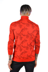 Barabas Men's Floral Design Long Sleeve Turtleneck Sweater 2LS2102 Red Black