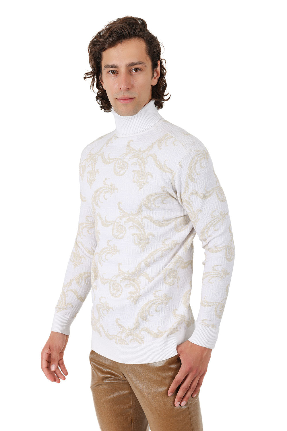 Barabas Men's Floral Design Long Sleeve Turtleneck Sweater 2LS2102 White Gold