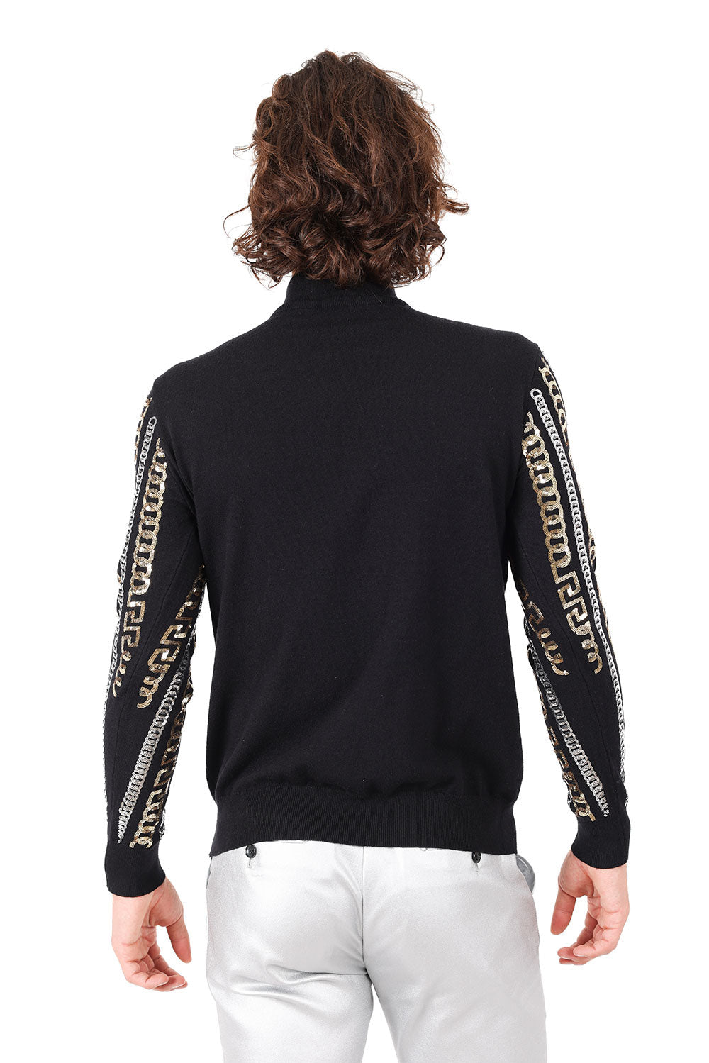 Barabas Men's Metallic Chain Long Sleeve Turtleneck Sweater 2LS2104 Black Gold