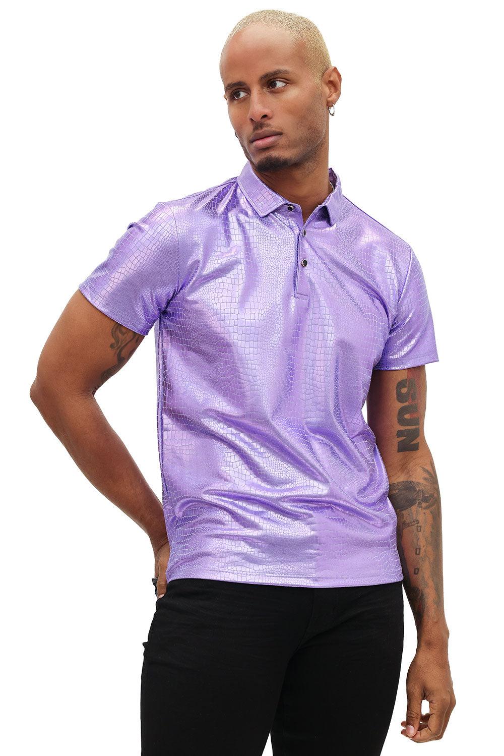 Barabas Men's Snake Luxury Metallic Print Design Polo Shirt 2PP831 Purple