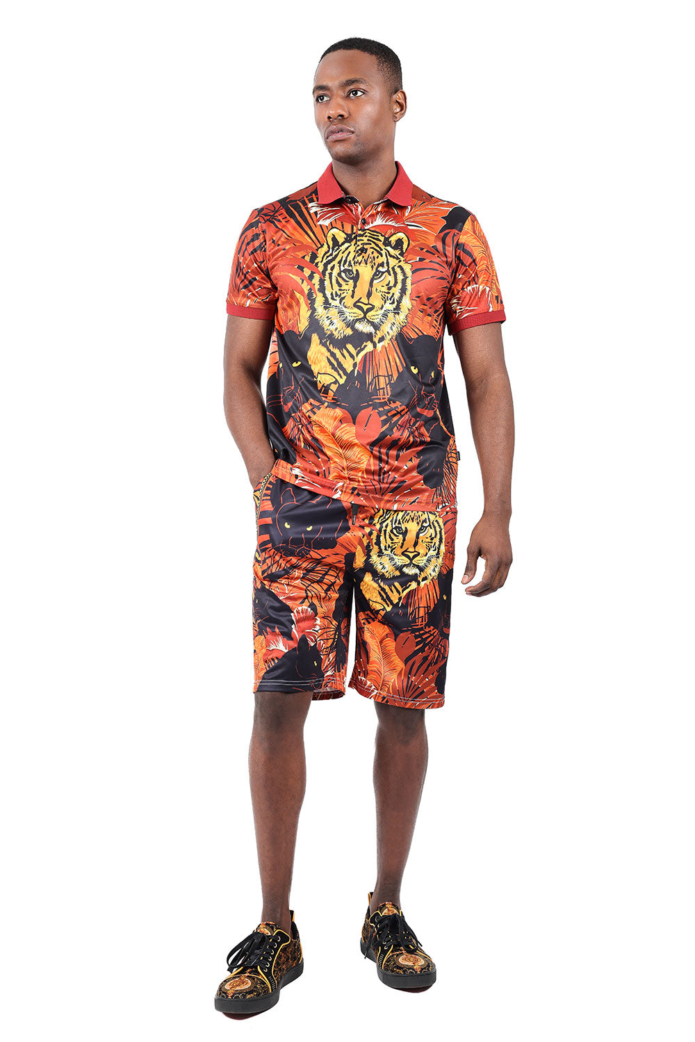 Barabas Men's Printed Tiger Floral Short Sleeve Polo Shirts 2PSP01 Gold Red