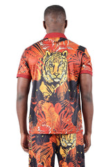 Barabas Men's Printed Tiger Floral Short Sleeve Polo Shirts 2PSP01 Gold Red