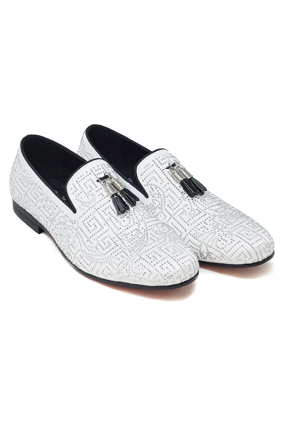 Barabas Men's Greek Key Pattern Tassel Slip On Loafer Shoes 2SH3102ST White