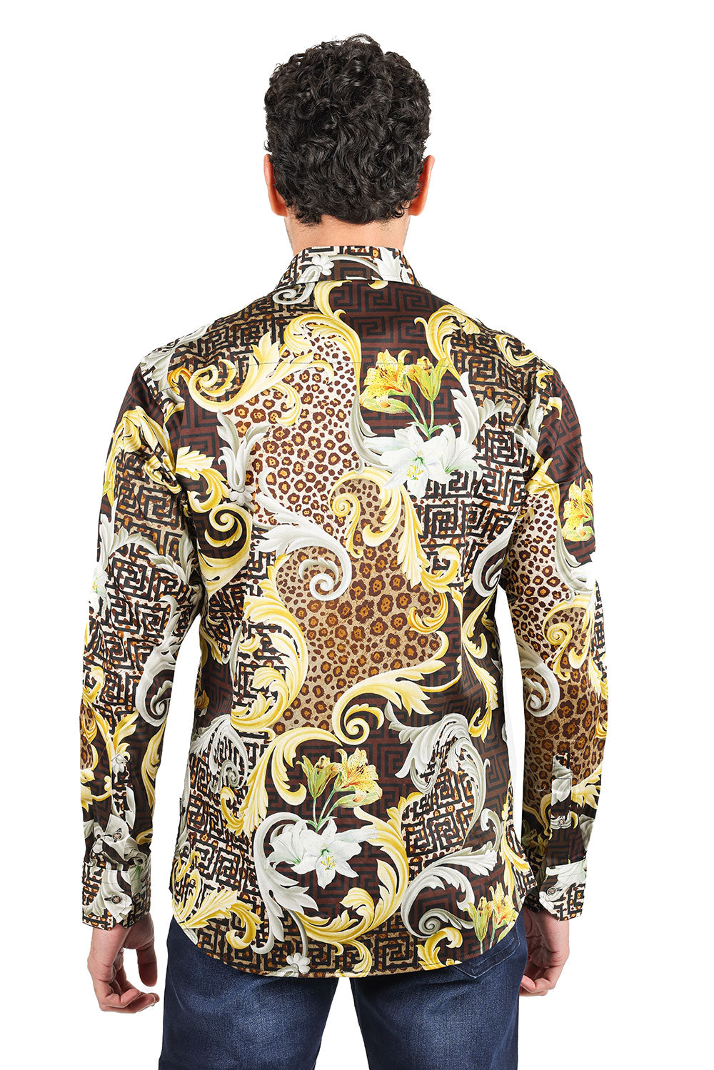 BARABAS men's Leopard Floral Greek Key Pattern Baroque Shirts 2SP34 Brown
