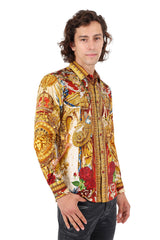 BARABAS Men's Rhinestone Medusa Floral Printed Baroque Shirt 2SPR222 Gold