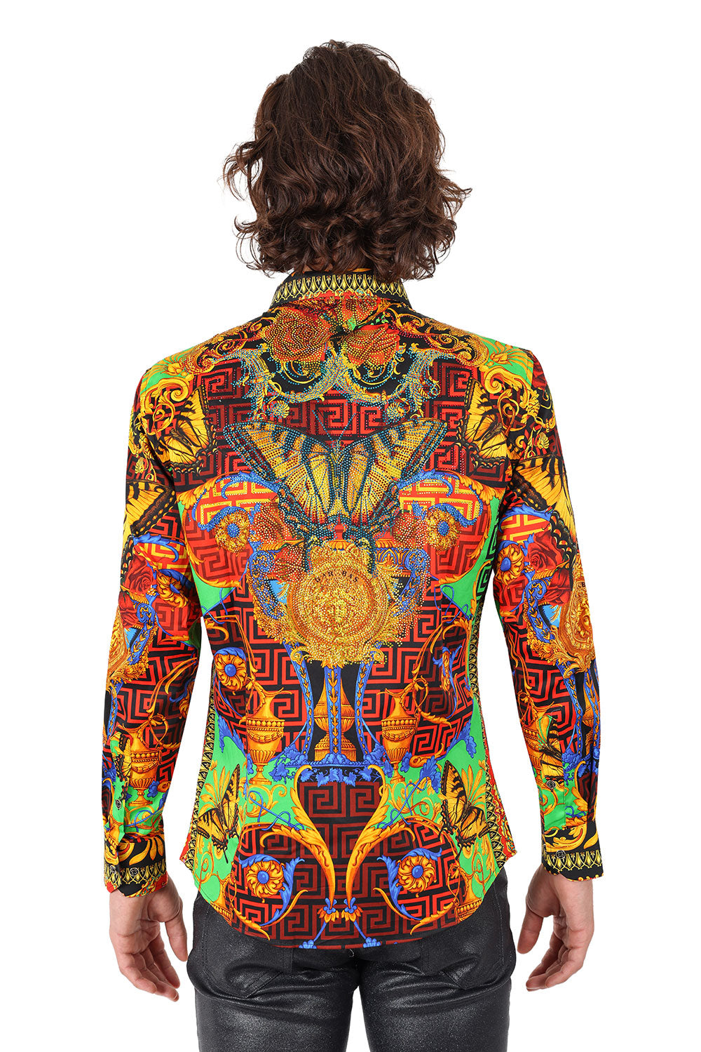 BARABAS Men's Rhinestone Medusa Floral Baroque Butterfly Shirt 2SPR223 Multi