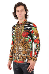 BARABAS Men's Rhinestone Leopard Floral Long Sleeves Shirt 2SPR227 Multi