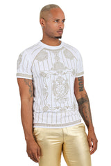 BARABAS Men's Lion Striped Rhinestone Crew Neck T-Shirt 2STR5