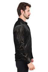 BARABAS Men's Shiny Metallic Print Design Long Sleeves Shirt 2SVL01 Black Gold