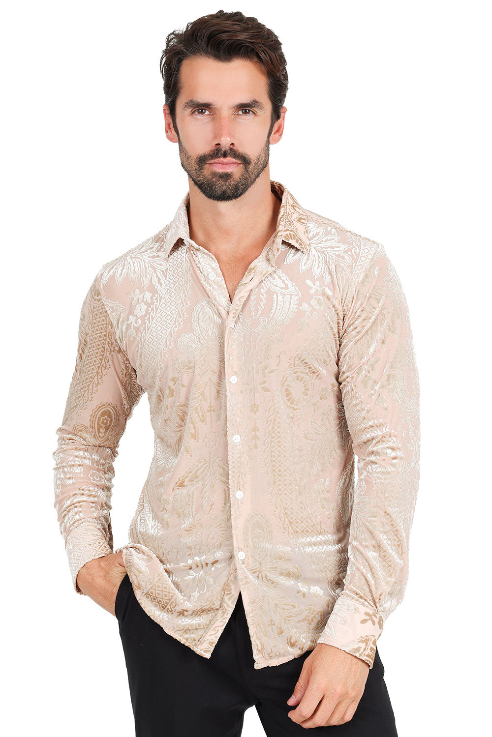 BARABAS Men's Floral Paisley See Through Long Sleeve Shirt 2LVL02 Cream