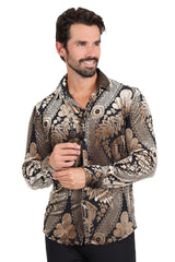 BARABAS Men's Floral Paisley See Through Long Sleeve Shirt 2LVL02 Gold