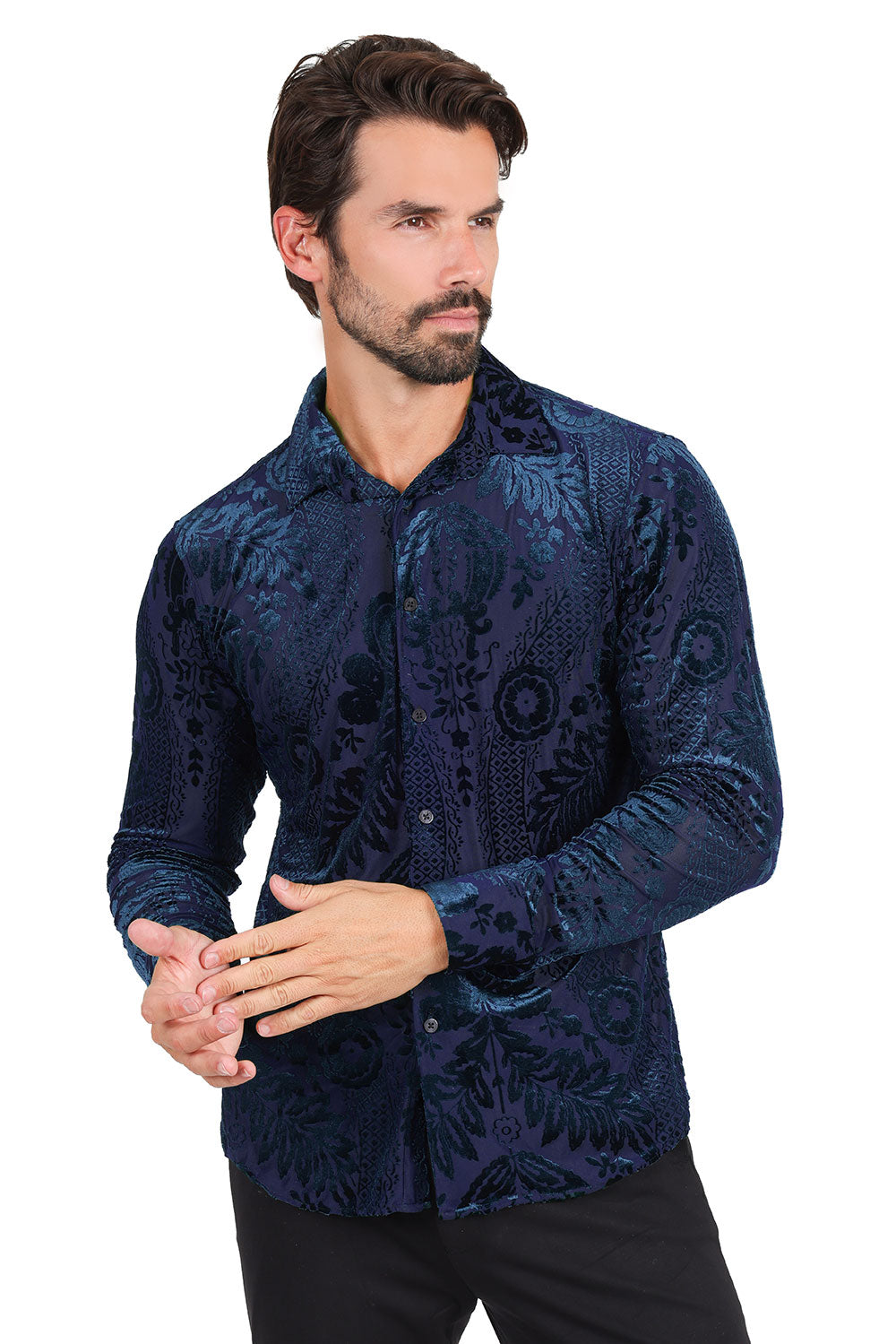 BARABAS Men's Floral Galore Long Sleeve Button Down Shirt 2LVL02 Navy