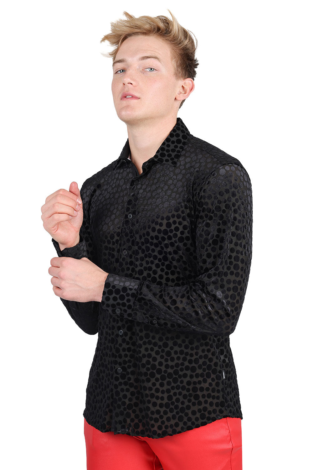 BARABAS Men's Polka Dotted See Through Long Sleeve Shirt 2LVL11 Black