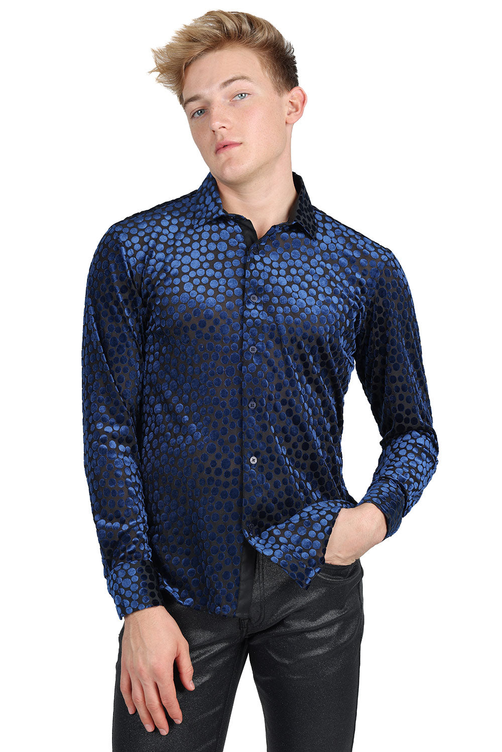 BARABAS Men's Polka Dot Long Sleeve Button Down Shirt 2LVL11 Navy