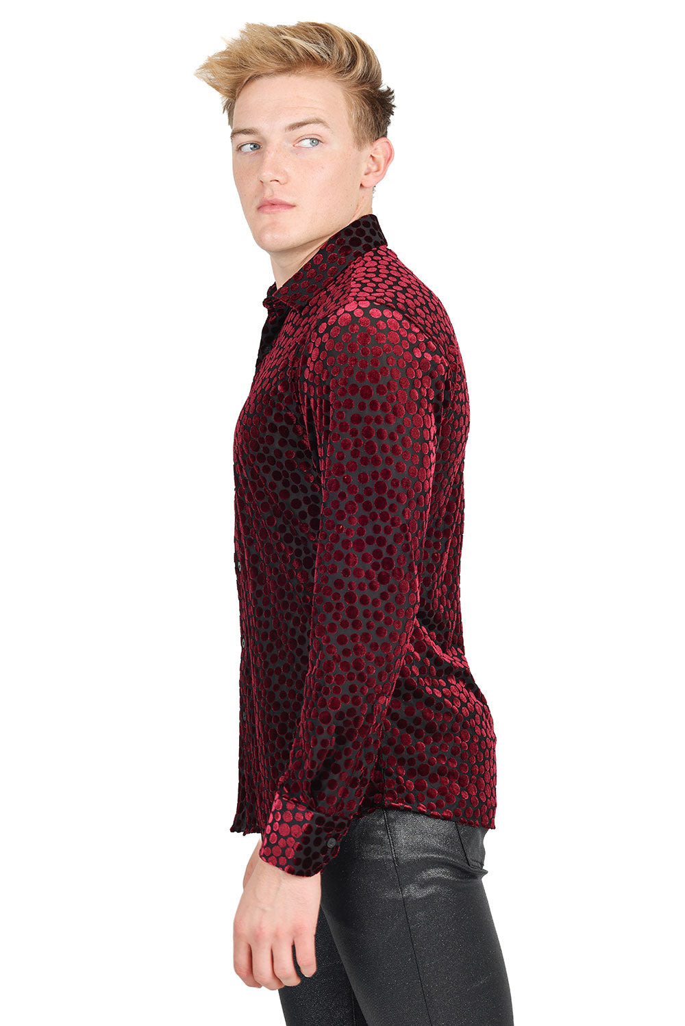 BARABAS Men's Polka Dotted See Through Long Sleeve Shirt 2LVL11 Red