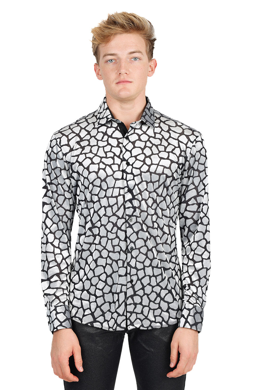 BARABAS Men's See Through Geometric Long Sleeve Shirt 2LVL12 Black