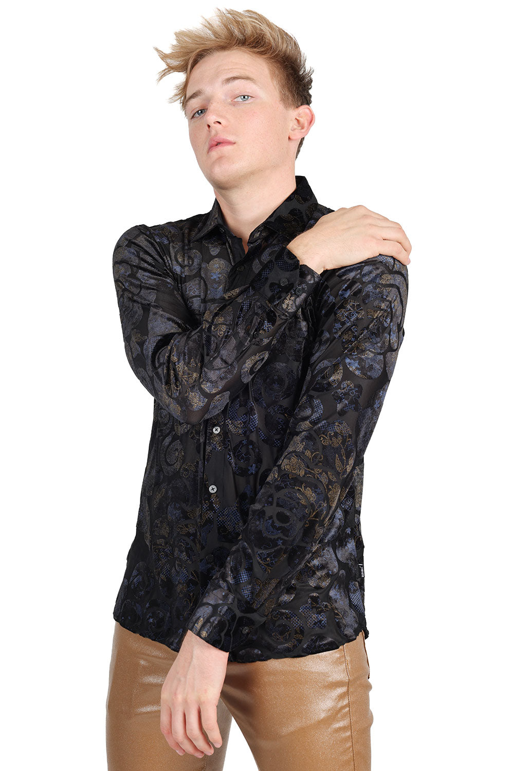 BARABAS Men's Geometric Long Sleeve Button Down Shirt 2LVL14 Black
