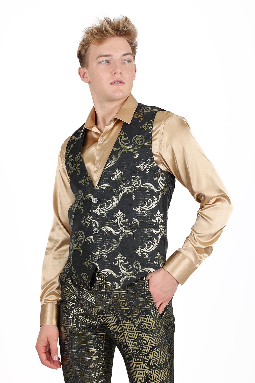 Barabas Men's Greek Key Pattern Floral Print Luxury Dress Vest 2VP3102 Black Silver