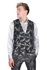 Barabas Men's Greek Key Pattern Floral Print Luxury Dress Vest 2VP3102 Black 