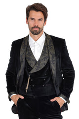 Barabas Mens Rhinestone Greek Key Print Luxury Dress Velvet Vest 2VPR3 Black Gold