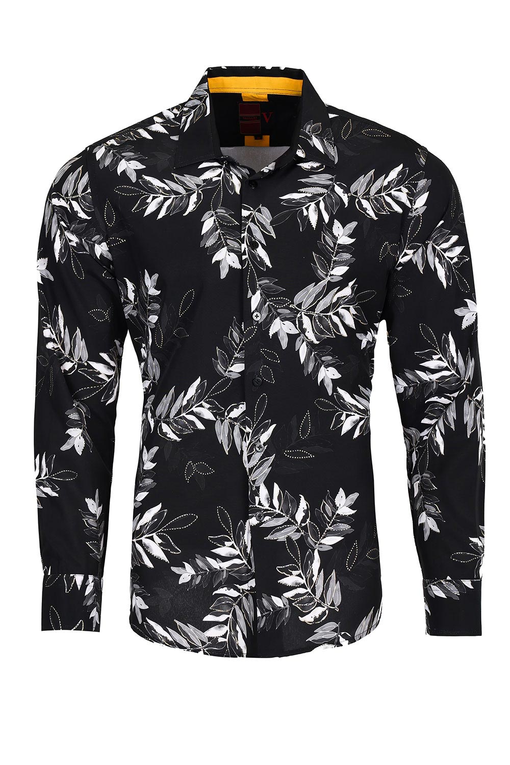 Vassari Mens Leaf Leaves Print Design Button Down Luxury Shirt 2VS117 Black