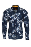 Vassari Mens Leaf Leaves Print Design Button Down Luxury Shirt 2VS117 Navy