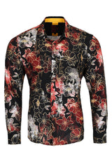 Vassari Men's Roses Print Design Button Down Luxury Shirts 2VS119 Black
