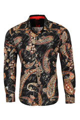 Vassari Men's Printed Paisley Floral Long Sleeve Shirts 2VS121 Black Gold