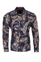 Vassari Men's Printed Paisley Floral Long Sleeve Shirts 2VS121 Navy Silver