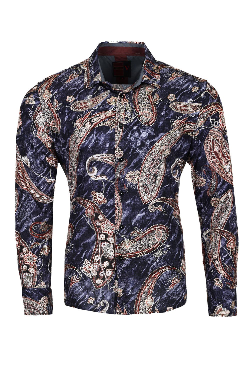 Vassari Men's Printed Paisley Floral Long Sleeve Shirts 2VS121 Navy Silver